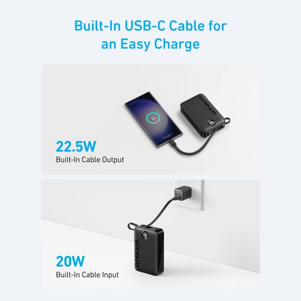 Anker 335 PowerCore Powerbank 20.000 mAh mit integriertem USB-C-Kabel - Schwarz