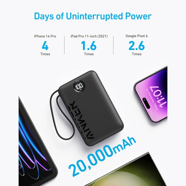 Anker 335 PowerCore Powerbank 20.000 mAh mit integriertem USB-C-Kabel - Schwarz