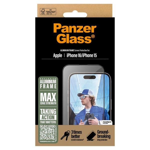 PanzerGlass Screen Protector Aluminiumrahmen Ultra Wide Fit mit Applikator für das iPhone 16