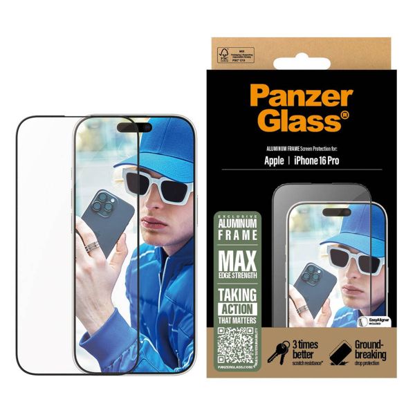 PanzerGlass Screen Protector Aluminiumrahmen Ultra Wide Fit mit Applikator für das iPhone 16 Pro