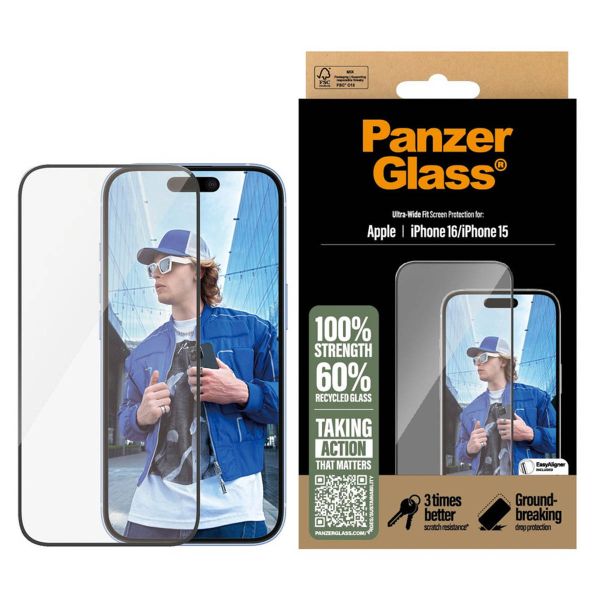 PanzerGlass Ultra-Wide Fit Antibakterieller Displayschutz für das iPhone 16