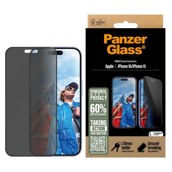 PanzerGlass Ultra Wide Fit Antibakterieller Screen Protector mit Sichtschutz inkl. Applikator für das iPhone 16