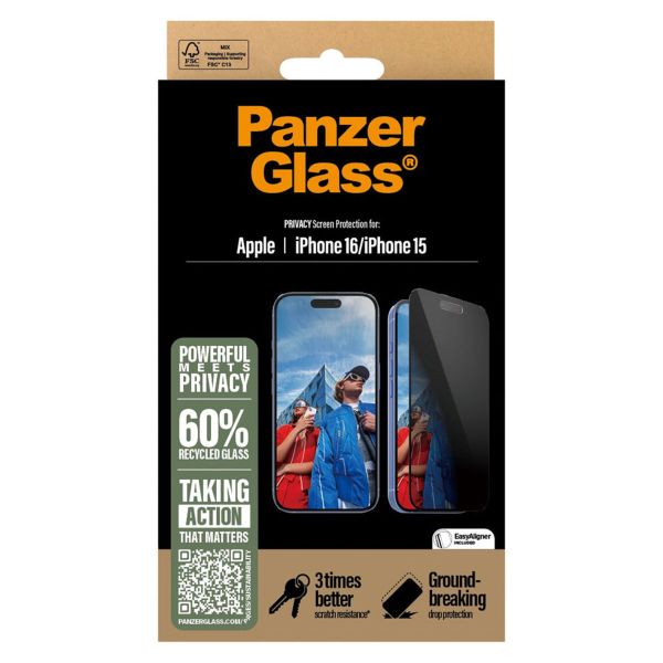 PanzerGlass Ultra Wide Fit Antibakterieller Screen Protector mit Sichtschutz inkl. Applikator für das iPhone 16