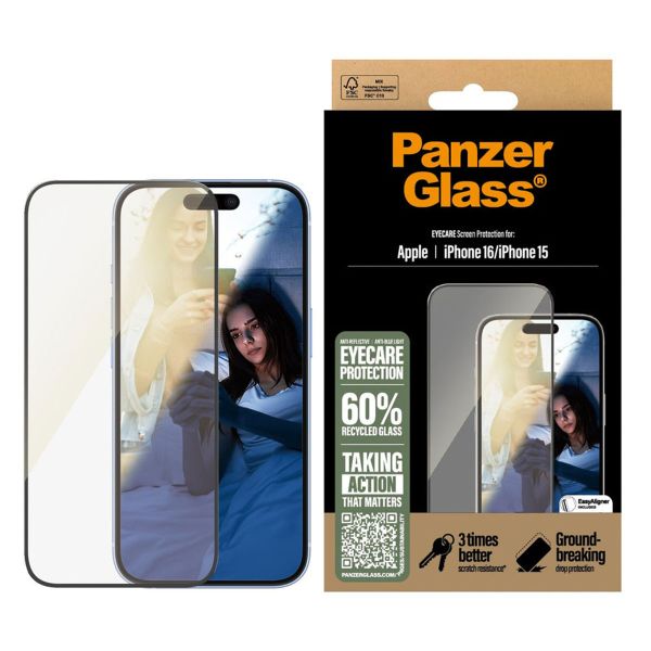 PanzerGlass Ultra Wide Fit EyeCare Screen Protector mit Applikator für das iPhone 16