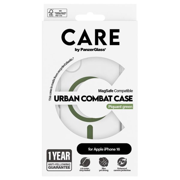 PanzerGlass CARE Urban Combat Case MagSafe für das iPhone 16 - Transparent / Grün