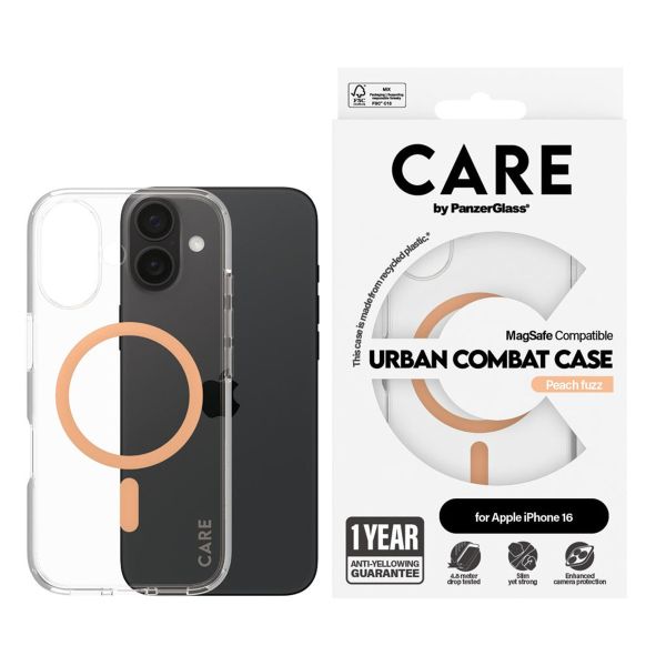 PanzerGlass CARE Urban Combat Case MagSafe für das iPhone 16 - Transparent / Peach