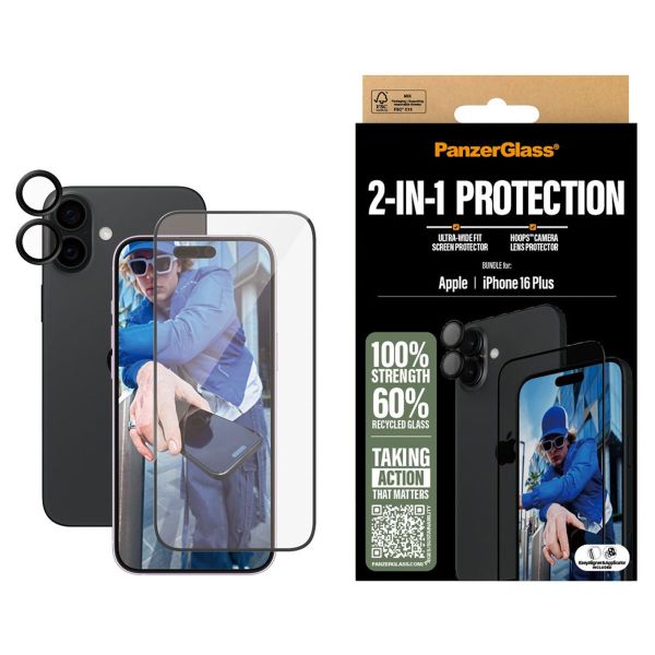 PanzerGlass 2-in-1 pack - Ultra-Wide Fit Anti-Bacterial Displayschutz incl. applicator + Camera Protector für das iPhone 16 Plus