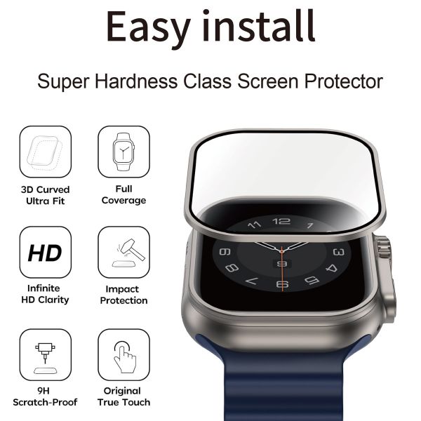 WiWu Easy Install Displayschutz mit Rand aus gehärtetem Glas für die Apple Watch Series 7–9 – 45 mm – Schwarz