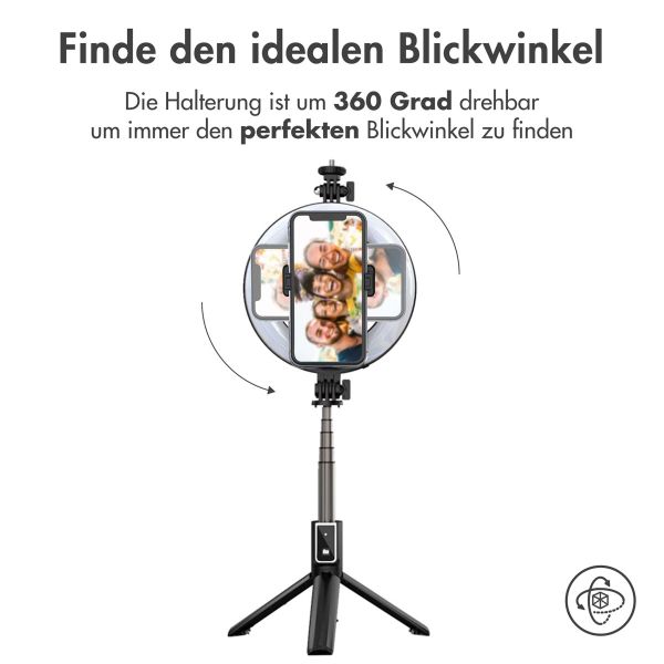 imoshion 3-in-1 Pro Bluetooth Selfiestick + Dreibeinstativ + 6-Zoll-Ringfülllicht – Ringleuchte Smartphone – Selfiestick Bluetooth – Ringlicht mit Stativ – Verstellbar – Schwarz