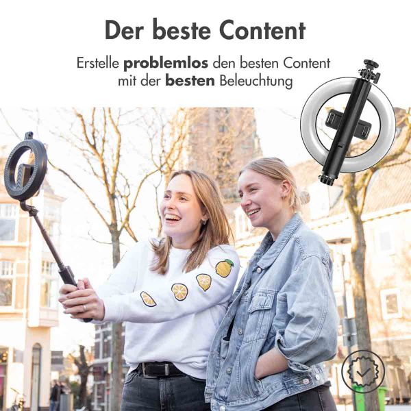 imoshion 3-in-1 Pro Bluetooth Selfiestick + Dreibeinstativ + 6-Zoll-Ringfülllicht – Ringleuchte Smartphone – Selfiestick Bluetooth – Ringlicht mit Stativ – Verstellbar – Schwarz