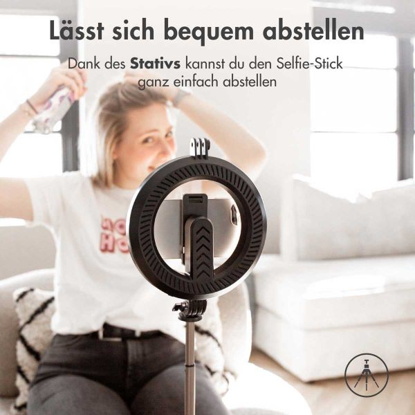 imoshion 3-in-1 Pro Bluetooth Selfiestick + Dreibeinstativ + 6-Zoll-Ringfülllicht – Ringleuchte Smartphone – Selfiestick Bluetooth – Ringlicht mit Stativ – Verstellbar – Schwarz