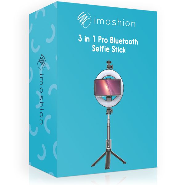 imoshion 3-in-1 Pro Bluetooth Selfiestick + Dreibeinstativ + 6-Zoll-Ringfülllicht – Ringleuchte Smartphone – Selfiestick Bluetooth – Ringlicht mit Stativ – Verstellbar – Schwarz