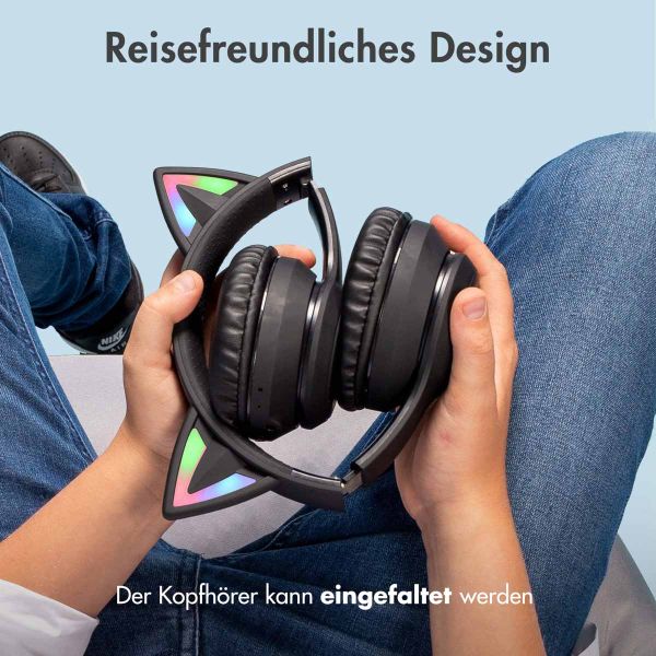 imoshion Kids LED Light Cat Ear Bluetooth-Kopfhörer - Kinderkopfhörer - Kabelloser Kopfhörer + AUX-Kabel - Schwarz