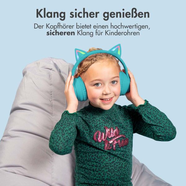 imoshion Kids LED Light Cat Ear Bluetooth-Kopfhörer - Kinderkopfhörer - Kabelloser Kopfhörer + AUX-Kabel - Hellblau