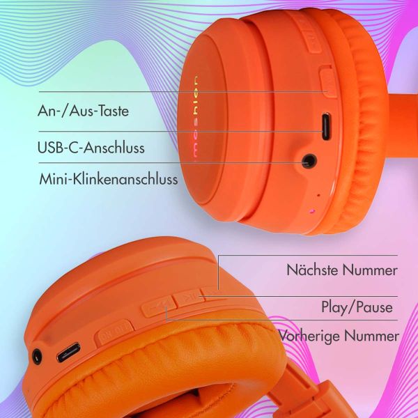 imoshion Kids LED Light Cat Ear Bluetooth-Kopfhörer - Kinderkopfhörer - Kabelloser Kopfhörer + AUX-Kabel - Orange