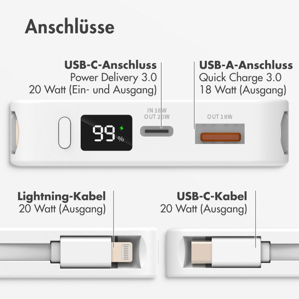 Gestalte deine eigene 10.000-mAh-Powerbank mit integrierten Kabeln – Weiß