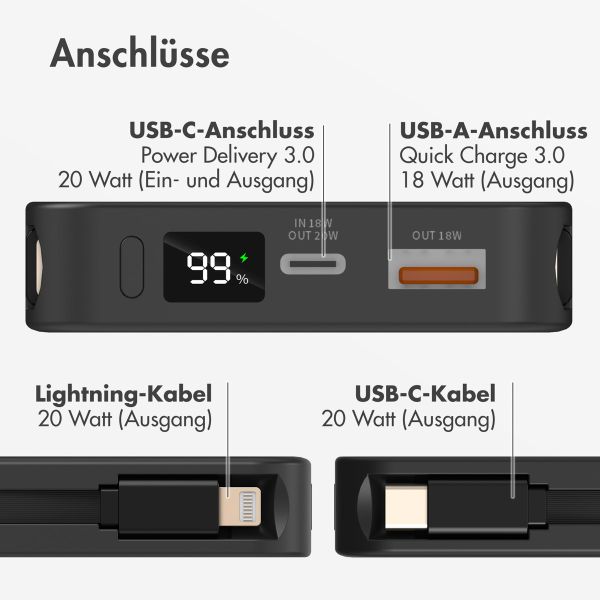 Gestalte deine eigene 10.000-mAh-Powerbank mit integrierten Kabeln – Schwarz