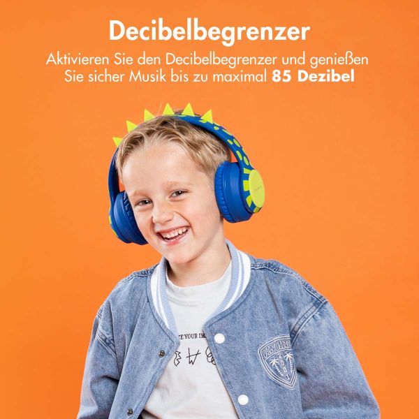 imoshion Kids Dino Bluetooth-Kopfhörer - Kinderkopfhörer mit Dezibelbegrenzer - Drahtloser Kopfhörer + AUX-Kabel - Cobalt Blue / Lime