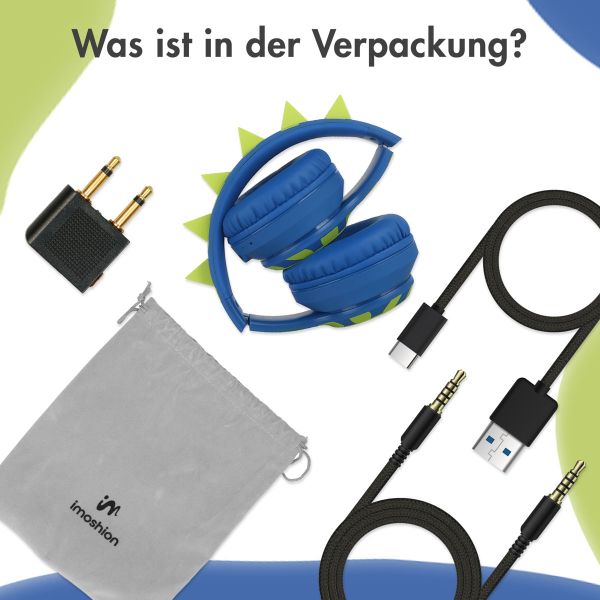 imoshion Kids Dino Bluetooth-Kopfhörer - Kinderkopfhörer mit Dezibelbegrenzer - Drahtloser Kopfhörer + AUX-Kabel - Cobalt Blue / Lime