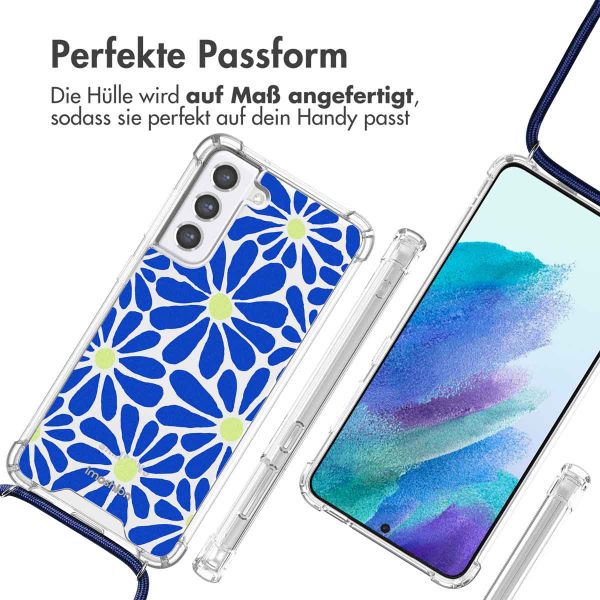 imoshion Design Hülle mit Band für das Samsung Galaxy S21 FE - Cobalt Blue Flowers Connect