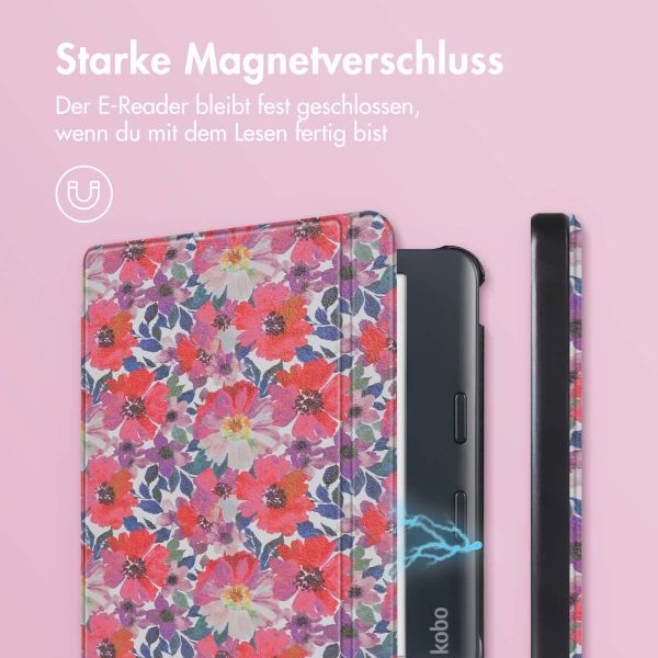 imoshion Design Slim Hard Case Sleepcover mit Stand für das Kobo Libra Colour - Flower Watercolor