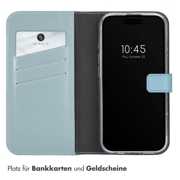 Selencia Echtleder Klapphülle für das iPhone 16 Pro - Air Blue