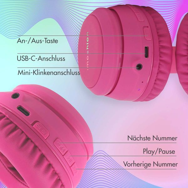 imoshion Kids LED Light Bluetooth-Kopfhörer - Kinderkopfhörer - Kabelloser Köpfhorer mit Dezibelbegrenzer + AUX-Kabel - Hot Pink