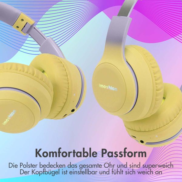 imoshion Kids LED Light Bluetooth-Kopfhörer - Kinderkopfhörer - Kabelloser Köpfhorer mit Dezibelbegrenzer + AUX-Kabel - Lavender Lilac / Yellow