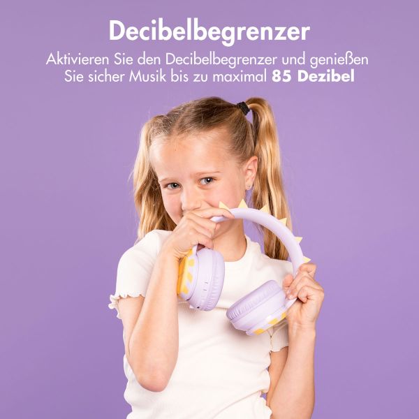 imoshion Kids Dino Bluetooth-Kopfhörer - Kinderkopfhörer mit Dezibelbegrenzer - Drahtloser Kopfhörer + AUX-Kabel - Lavender Lilac / Yellow