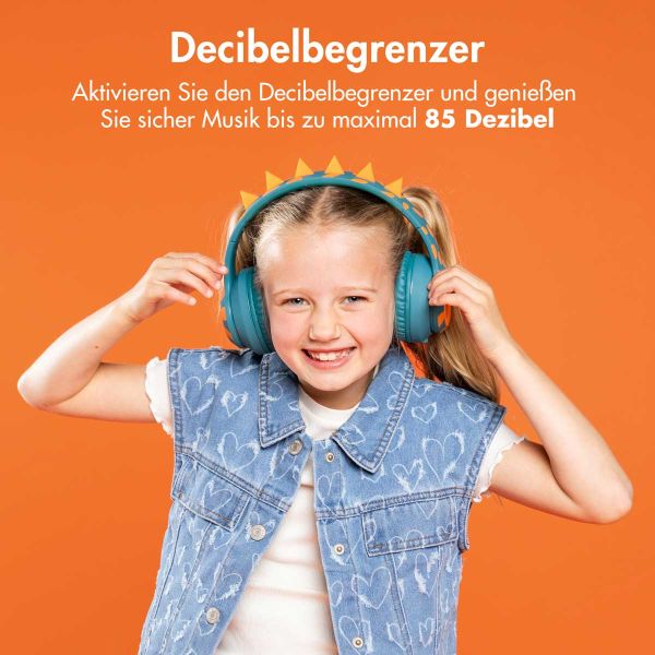 imoshion Kids Dino Bluetooth-Kopfhörer - Kinderkopfhörer mit Dezibelbegrenzer - Drahtloser Kopfhörer + AUX-Kabel - Petrol Green / Orange