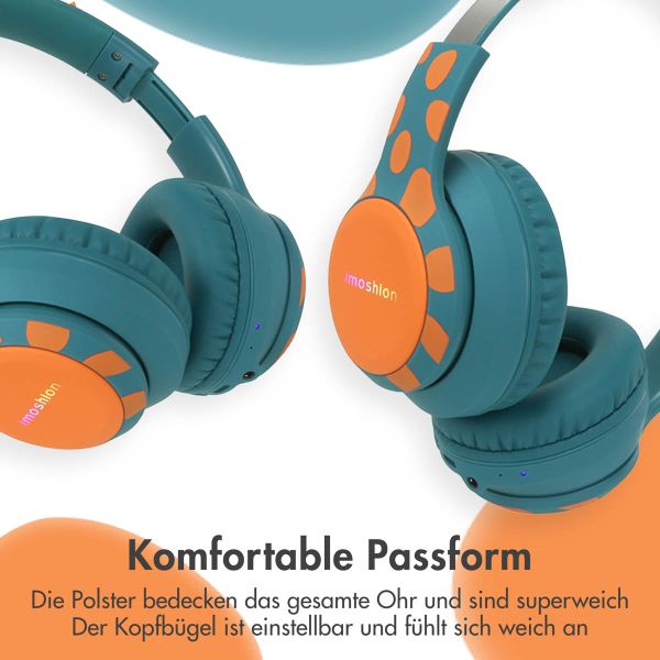 imoshion Kids Dino Bluetooth-Kopfhörer - Kinderkopfhörer mit Dezibelbegrenzer - Drahtloser Kopfhörer + AUX-Kabel - Petrol Green / Orange