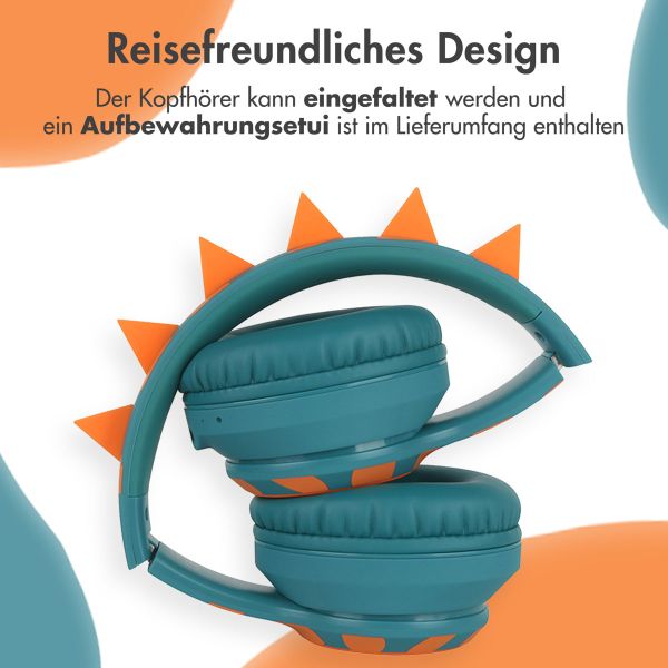 imoshion Kids Dino Bluetooth-Kopfhörer - Kinderkopfhörer mit Dezibelbegrenzer - Drahtloser Kopfhörer + AUX-Kabel - Petrol Green / Orange