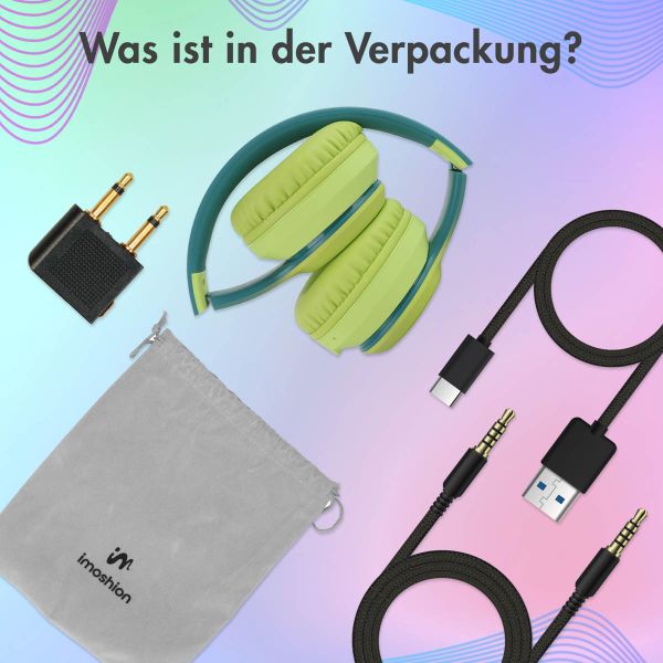 imoshion Kids LED Light Bluetooth-Kopfhörer - Kinderkopfhörer - Kabelloser Köpfhorer mit Dezibelbegrenzer + AUX-Kabel - Petrol Green / Lime