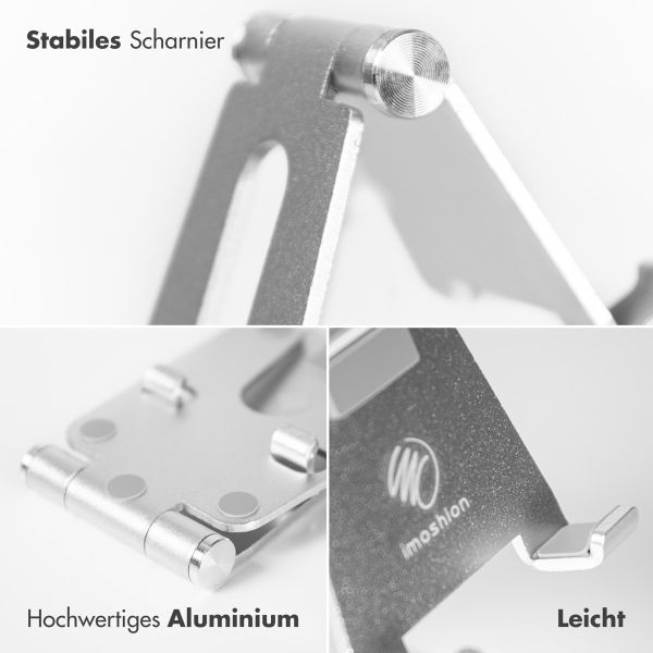 imoshion Handyhalterung für den Schreibtisch für das iPhone 13 Pro Max – Tablethalter für den Schreibtisch - Verstellbar - Aluminium - Silberfarben