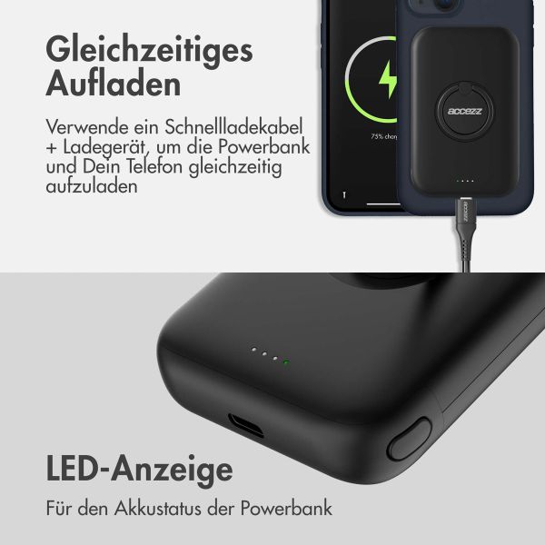 Accezz MagSafe Powerbank für das iPhone 15 Pro Max - 5000 mAh - Kabellose Powerbank mit Ringhalterung - Schwarz