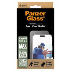 PanzerGlass Screen Protector Aluminiumrahmen Ultra Wide Fit mit Applikator für das iPhone 16 Pro Max