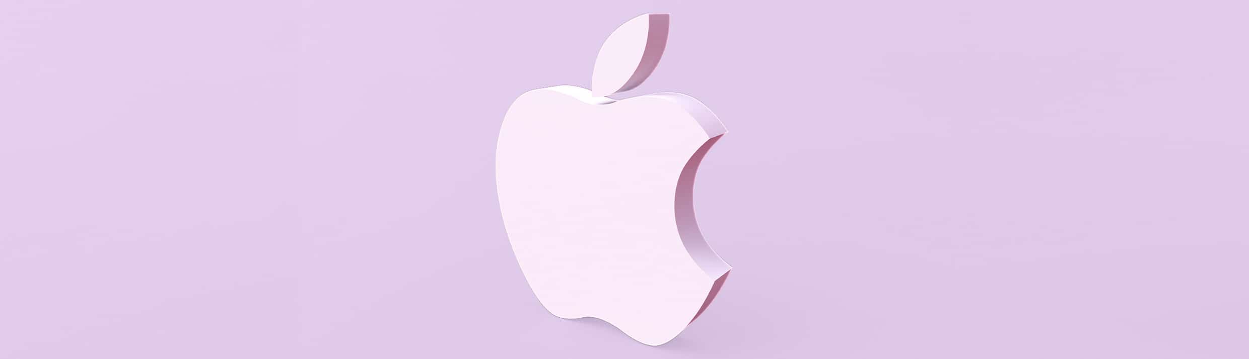 Das Apple-Logo ist zentral positioniert, es ist in einem hellvioletten Farbton gehalten, der auch im Hintergrund.