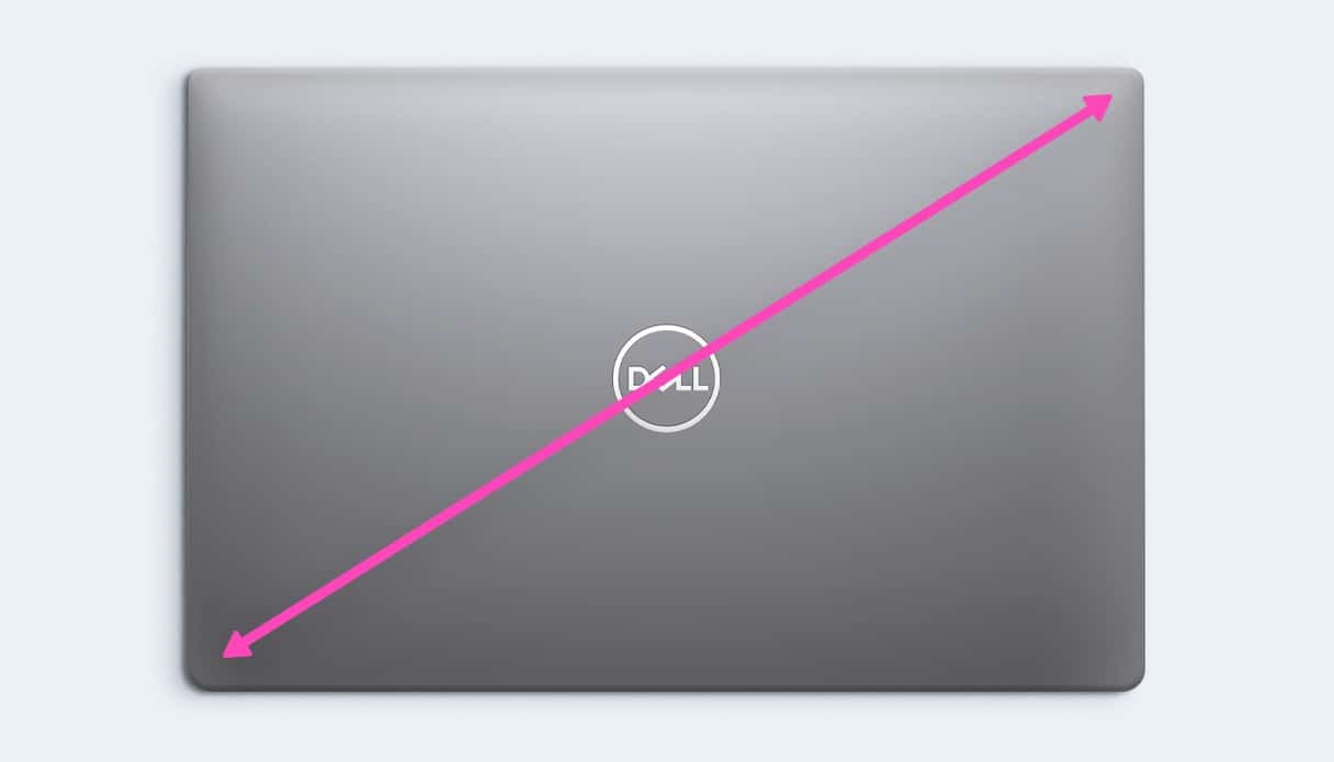 Ein Windows-Laptop von Dell wird mit einem Maßband vermessen, um die Zollgröße des Dell-Laptops herauszufinden.