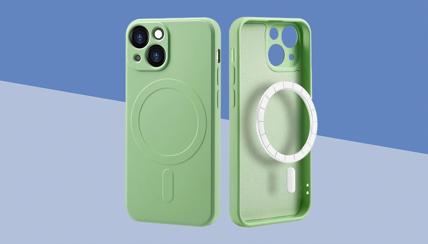 Ein iPhone mit einer grünen MagSafe Hülle, der Hintergrund ist blau.