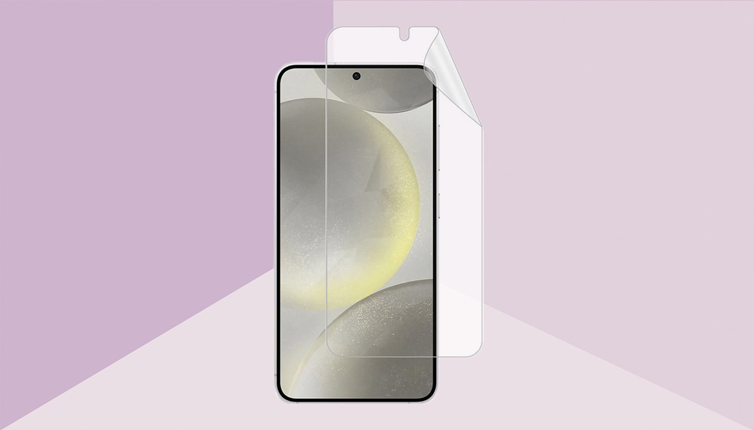 Ein Smartphone mit einem Folien-Bildschirmschutz, der Hintergrund ist lila.