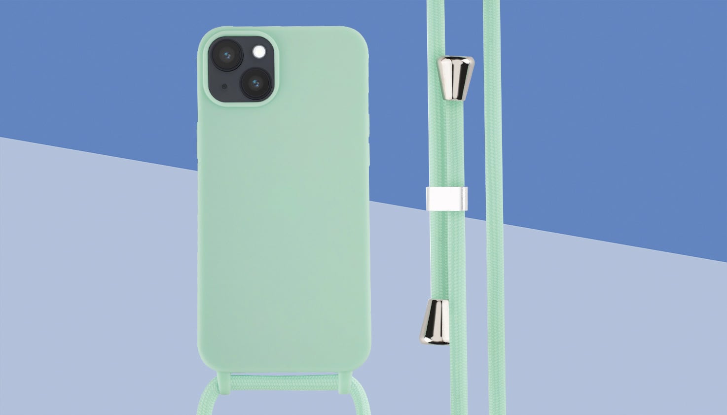 Eine iPhone mit einer Handyhülle mit Band, der Hintergrund ist blau.