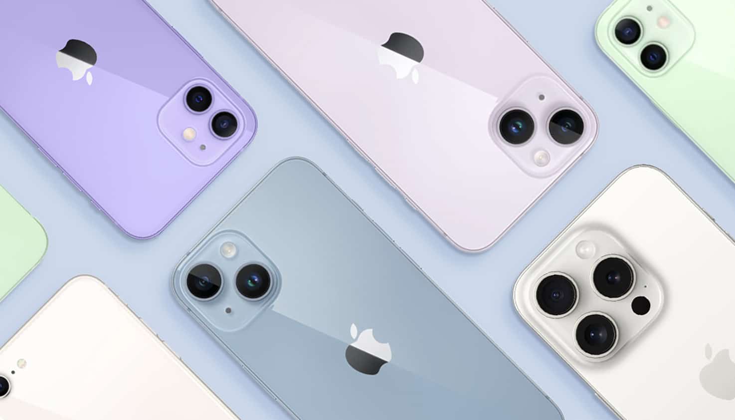 Eine Flatlay-Aufnahme verschiedener iPhone-Modelle in verschiedenen Farben.