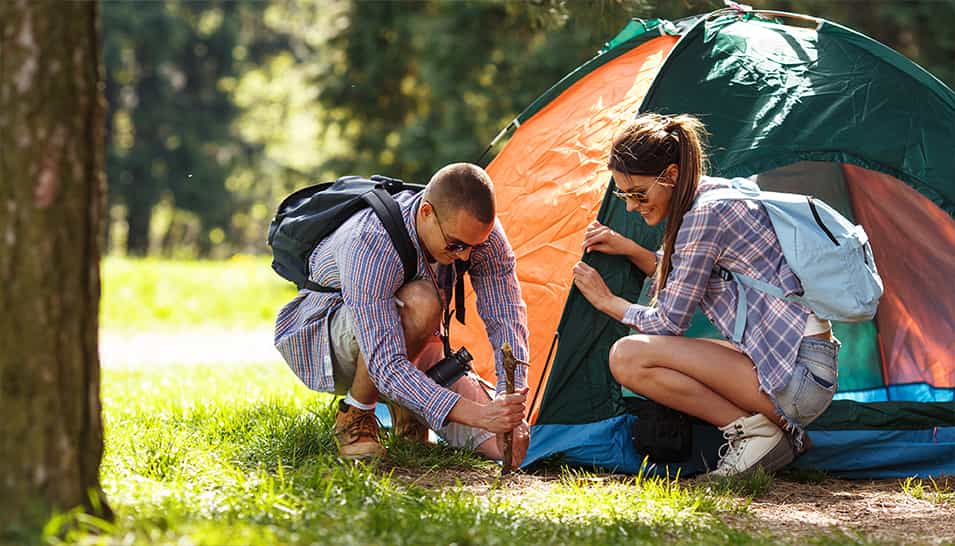 Das Paar baut das Zelt auf, sie campen im Wald.